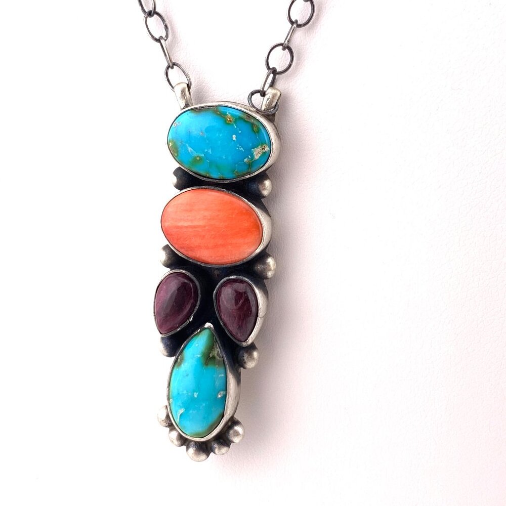 Five Stone Navajo Sterling Silver Necklace Scott Skeets Turquoise Spiny Oyster